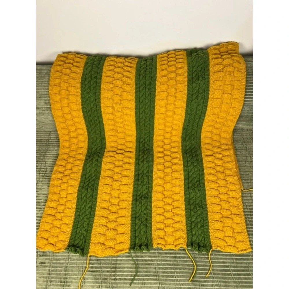Handmade Crochet Blanket Orange Olive Green Striped Cable Basketweave 30x66